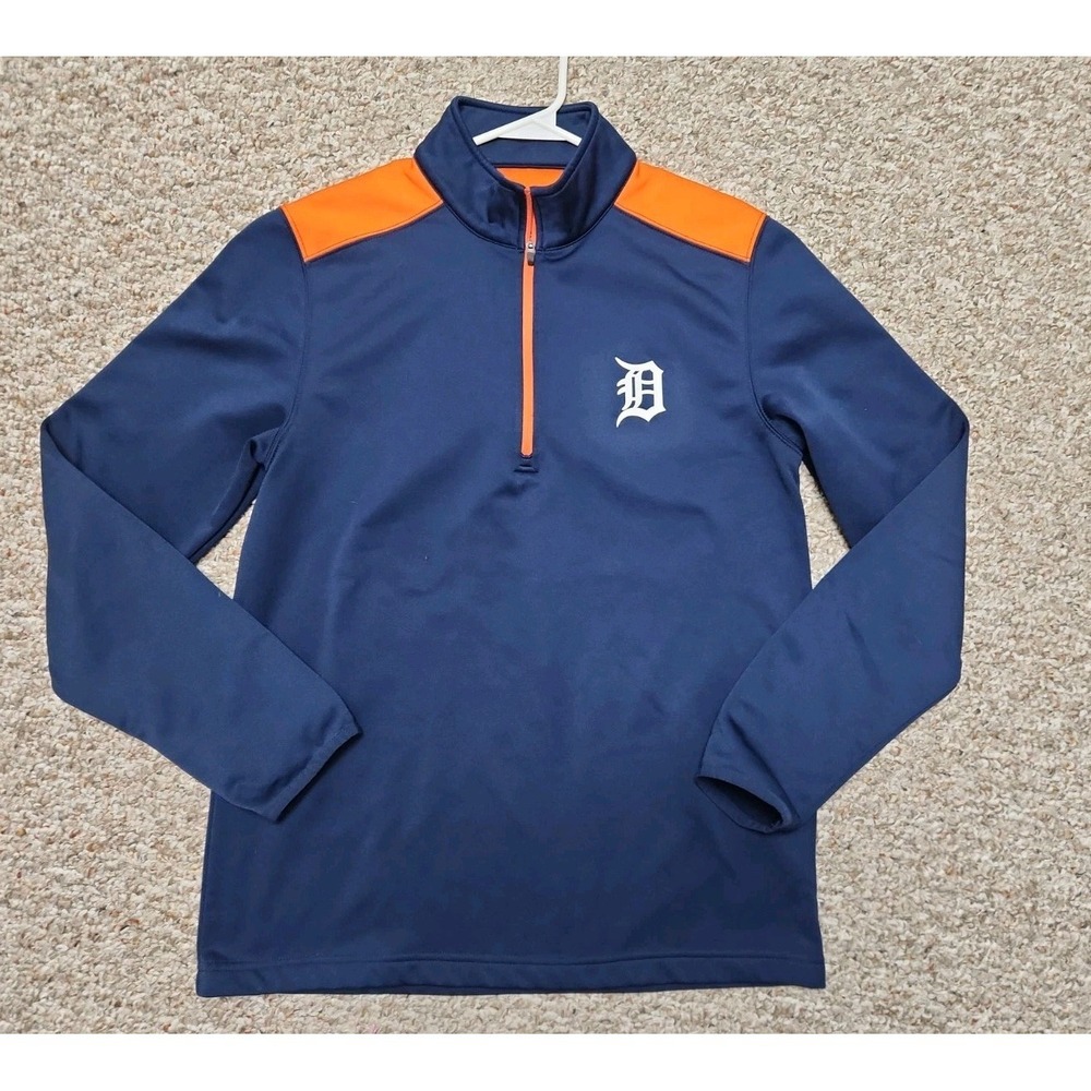 DETROIT TIGERS Long sleeve 1/4‎ Zip Fleece Lined Adult Medium Navy Orange Logo